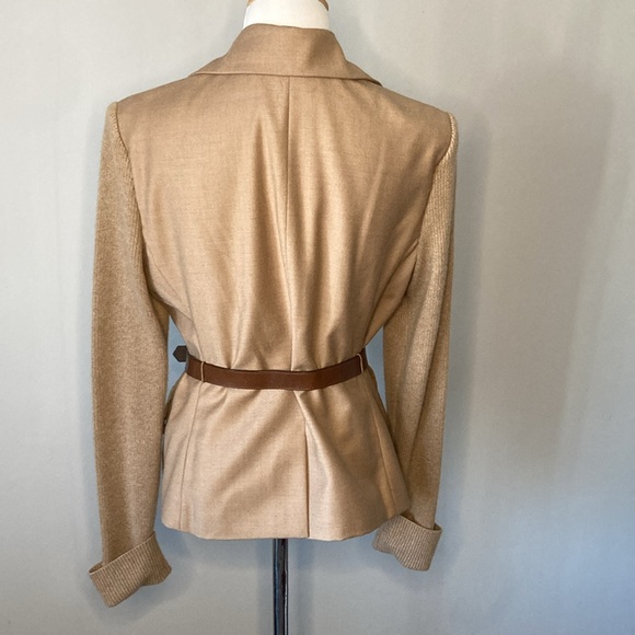 Anne Klein Elegant Tan Wool Cashmere Belted Blazer Knitted Sleeves Sz Med - Picture 6 of 9
